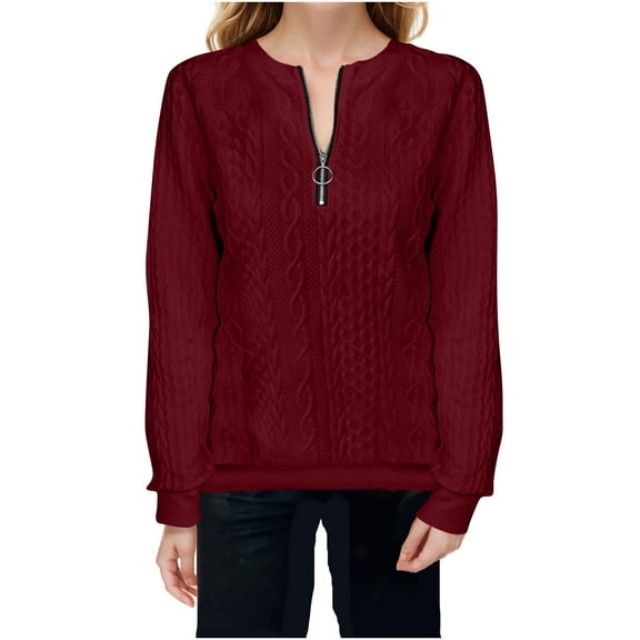 Htigea Women's 1/4 Zip Up Sweatshirts Textured Crew Neck Long Sleeve Pullover Solid Color Fall Tops Wine S