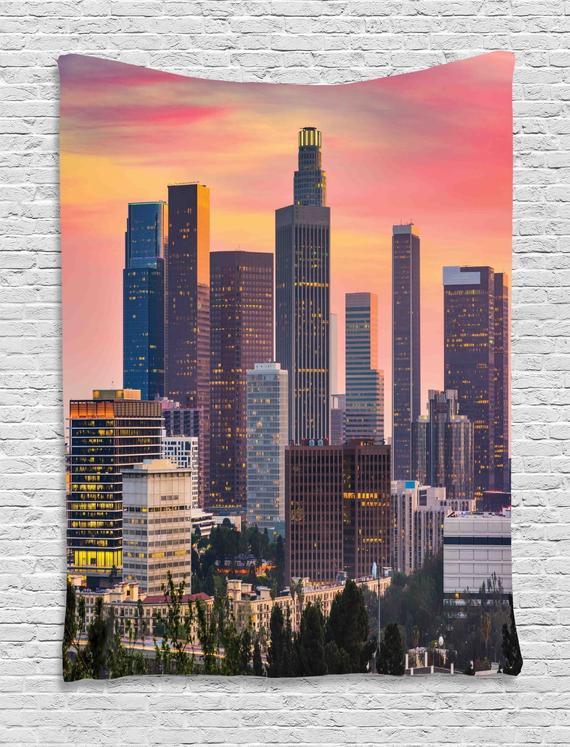 City Tapestry, Los Angeles California Skyline with Modern Buildings and an Orange Sky, Wall 