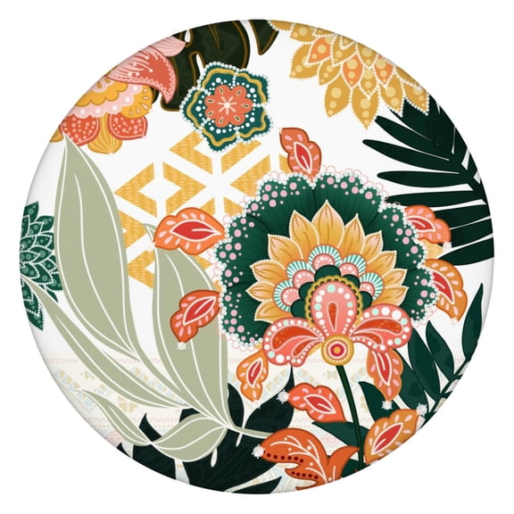 Vibrant Boho Floral Print Tablecloth - Elastic Hem Fits 52-56 Inch Round Tables - Stretchable Table Cover for Kitchen