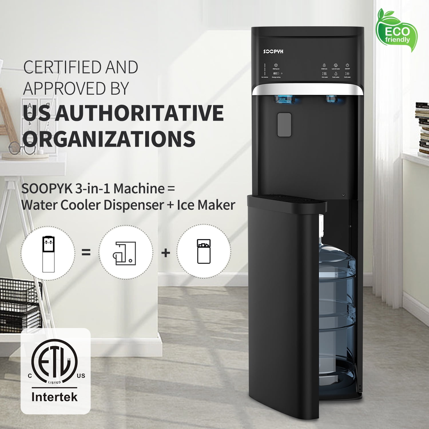 SOOPYK 3 in 1 Hot and Cold Water Dispenser with Ice Maker Bottom Load  for 3 or 5 Gallon Bottle 22lbs Daily Capacity Bullet-Shaped Ice, Black