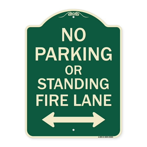 SignMission Designer Series Sign - No Parking or Standing Fire Lane (With Bidirectional Arrow) | Green & Tan 18" x 24" Heavy-Gauge Aluminum Architectural Sign | Made in the USA