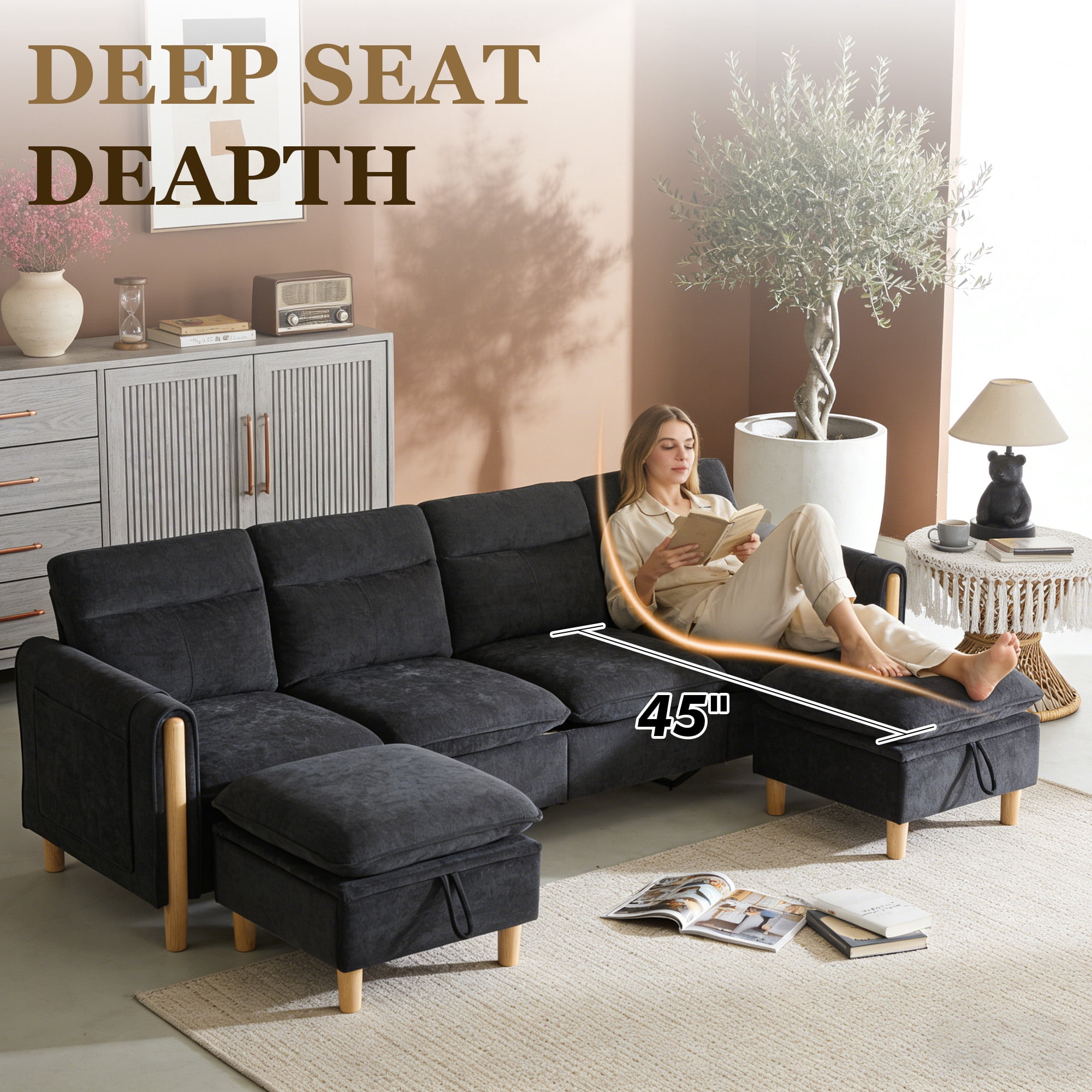 MOONMISS 4-Seater Chenille Sectional Sofa with 2 Storage Ottoman & Side Pocket Convertible Chaise Lounge for Living Room,Black