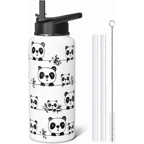 Panda Themed 32oz Water Bottle for Adults, Stainless Steel Leakproof Sport & Gym Water Bottle with Flip Straw and Spout Lid, Cute Gift Idea (1 PC)