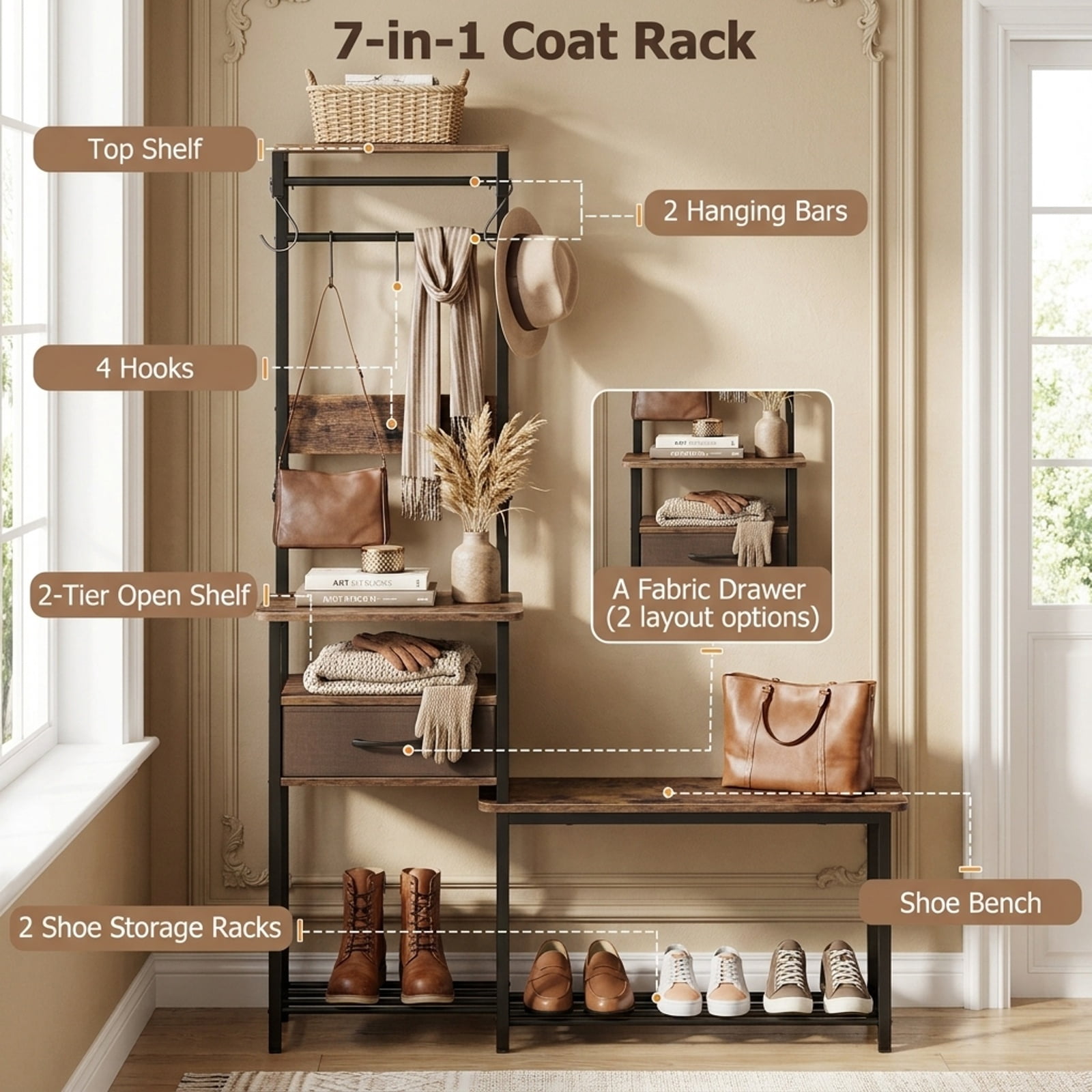 Furnibear 7 in 1 Slim Hall Tree with Shoe Bench and Hooks and Removable Fabric Drawer for Narrow Entryway and Hallway, Rustic Brown