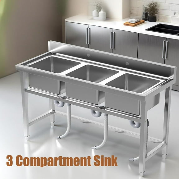 3 Compartment Sink Heavy-Duty Construction, Stainless Steel Commercial Kitchen Sink, Adjustable Feet Stable, 550lbs Loading Capacity, Freestanding Utility Sink  for Indoor Outdoor