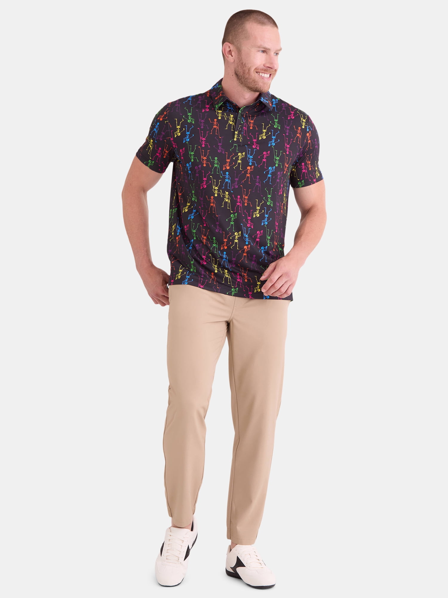 Birdie Bound Men's and Big Men's Halloween Neon Skeletons Golf Polo Shirt with Short Sleeves, Sizes S-5XL