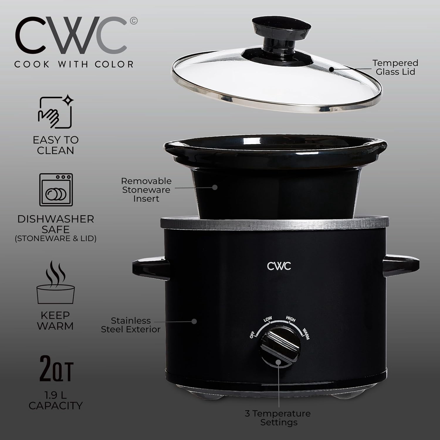 COOK WITH COLOR Slow Cooker, Crock Pot, 2-Quart Removable Stoneware Mini Crock Pot, Black