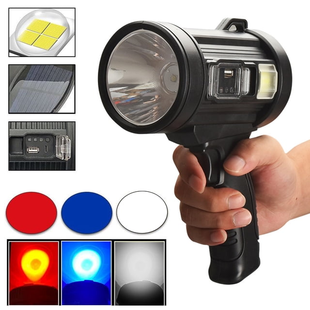Multifonctionnel Alimenté Solaire Rechargeable LEDs Recherche Lumière Camping Lampe Principale & Côté Lumière 3 Modes / Intégré 3000mAh Haute Capacité Rechargeable Cellule IP65 Résistance à l'Eau USB-Typ