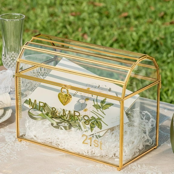 NCYP Wedding Glass Card Box with Slot and Lock - 10.2x5.5x8.4 Inches Gold Envelope Holder for Birthday Party Reception - Vintage, Arch-design, Centerpiece, Tabletop Decor (Glass Box Only)