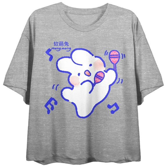 Lovely MongMong Bunny With Maracas Crew Neck Short Sleeve Gray Heather Women's Crop Top-Medium
