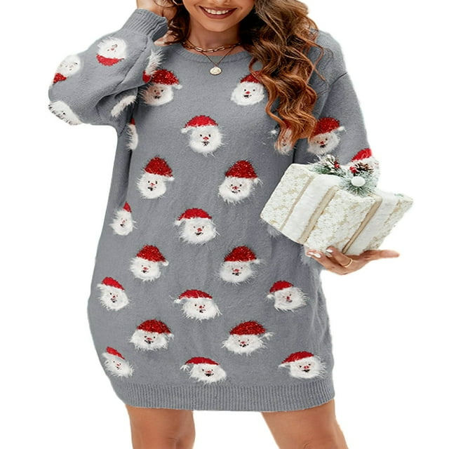 Robe Chandail de Noël pour Femmes Imprimé Père Noël Col Rond Manches Longues Robe Tunique Décontractée Automne Hiver