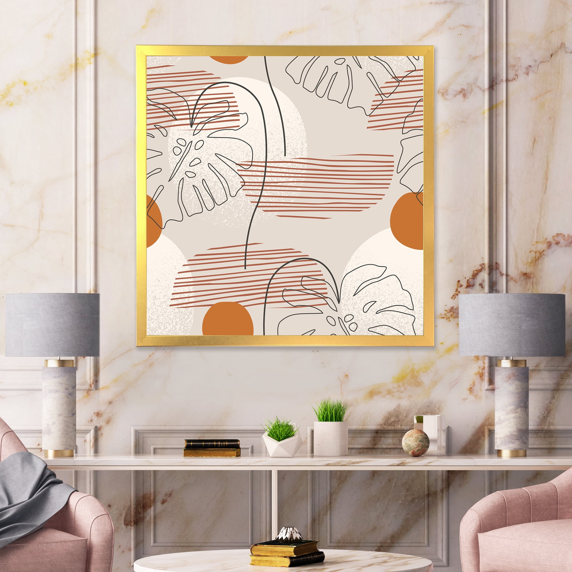 Designart 'Abstract Monstera Leaf and One Line Art Shapes' Modern Framed Art Print