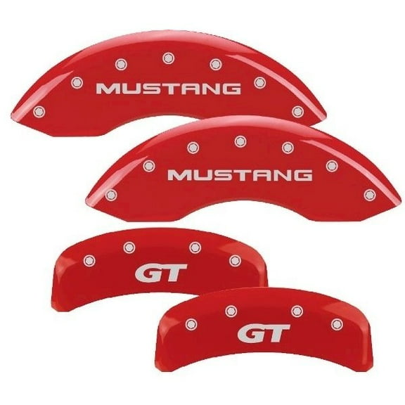 MGP 4 Caliper Covers Engraved Front Mustang Engraved Rear SN95/GT Red finish silver ch Fits select: 1999-2004 FORD MUSTANG
