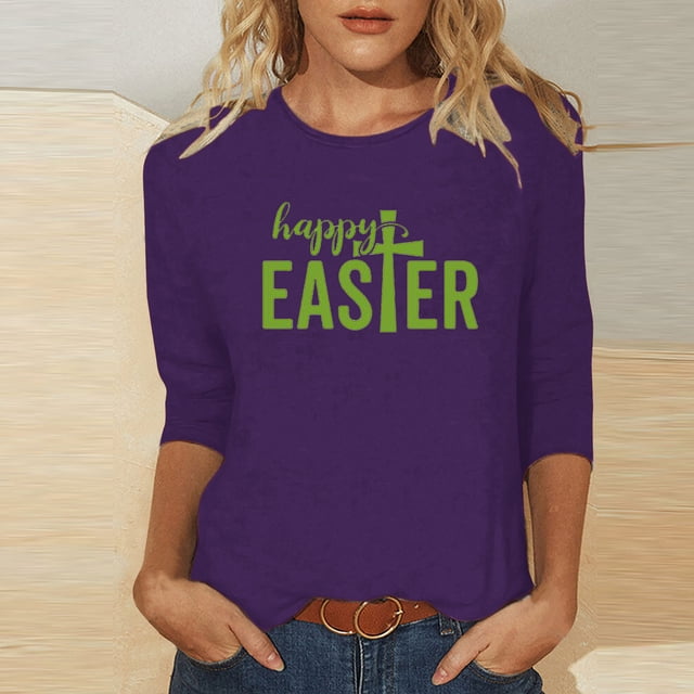 Daisyyozoid Chemise de Pâques pour Femmes Mode Décontractée de Noël Imprimée Col Rond Blouse Manches 3/4