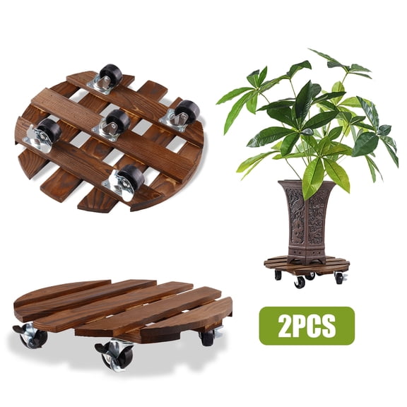 urorentea 2 Pack 12inch Wooden Plant Caddy with 5 Wheels, Rolling Plant Stand with 360° Caster Wheels, Thicken Wood Plant Dolly for Indoor Outdoor, Round Plant Rollers Tray for Large Plants & Pots