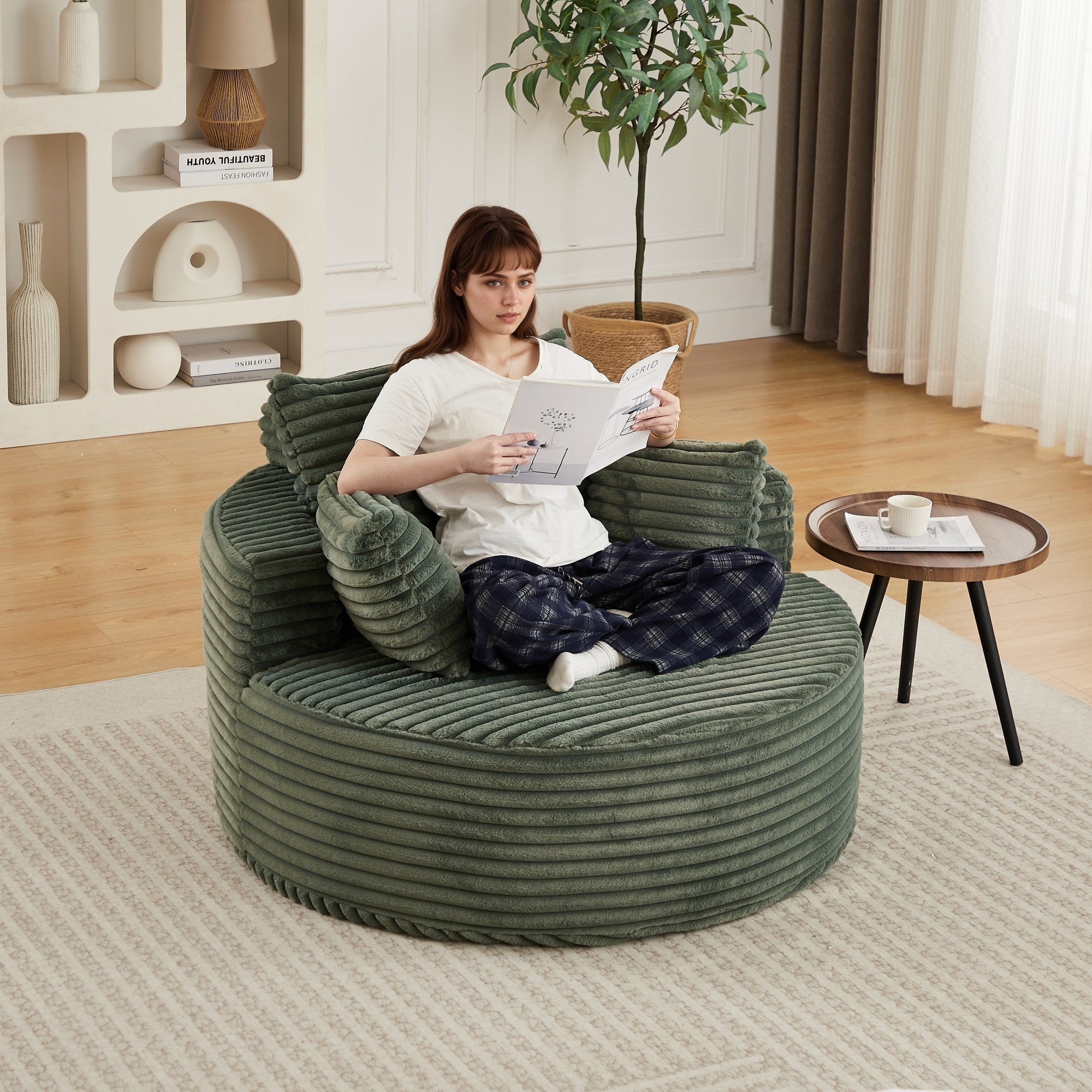 Sailvan 50" Corduroy Single Sofa, No Assembly Modern Sleeper Chair, Fluffy Cloud Lounge Recliner for Living Room and Bedroom, Grey Green