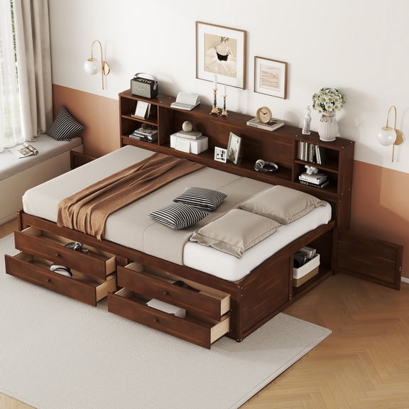 Full Size Bedframe Wooden Captain Beds with Built-in Storage Shelves, 4 Drawers and 2 Cabinets, Antique Brown
