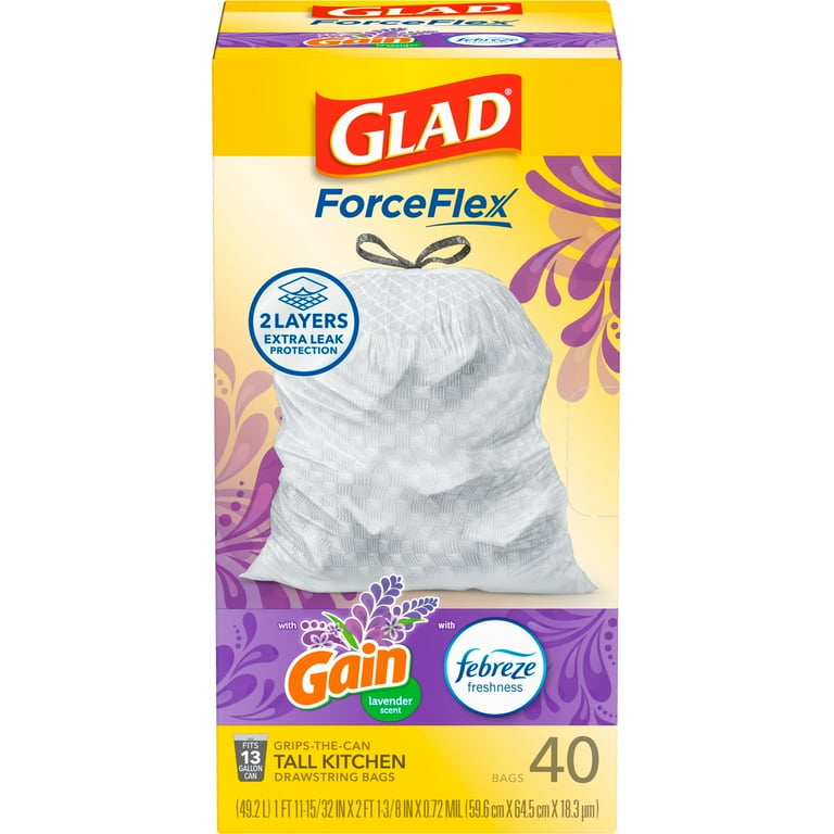 Glad ForceFlex Tall Kitchen Drawstring Trash Bags 13 Gallon Gain Lavender with Febreze Freshness 40 Count