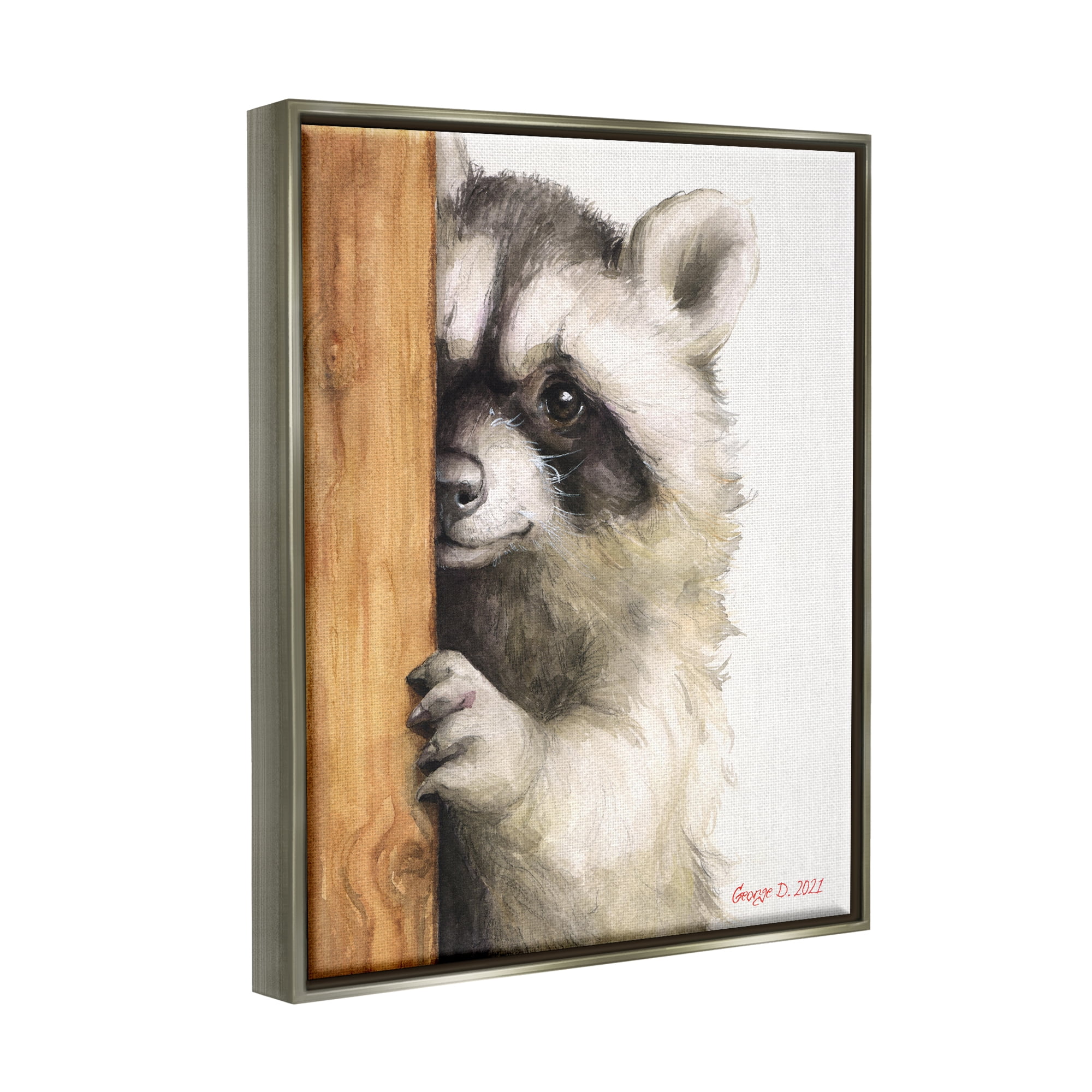 Stupell Industries Peering Raccoon Cute Smile Watercolor Animal Painting Painting Luster Gray Floating Framed Canvas Print Wall Art, Design by George Dyachenko