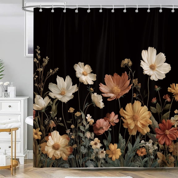 Black Floral Shower Curtain, Vintage Boho Flower Wildflower Botanical Rustic Bathroom Curtain Decor, Polyester Fabric Waterproof Bath Curtain with 12 Hooks 72x72 Inch