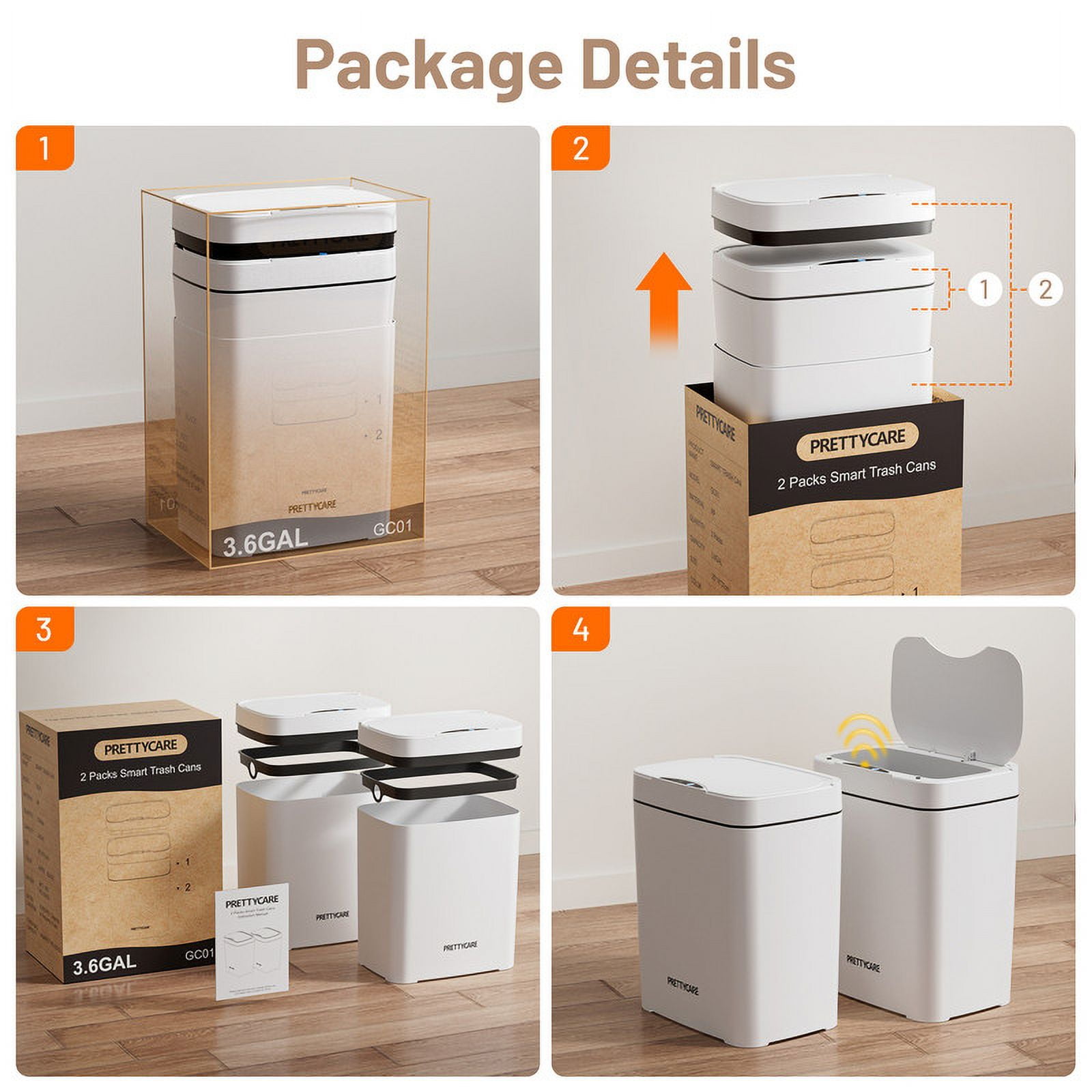 PrettyCare 2 Packs 3.6 Gal Automatic Bathroom Trash Cans with Lid Touchless Small Bedroom Plastic Garbage Can White GC01