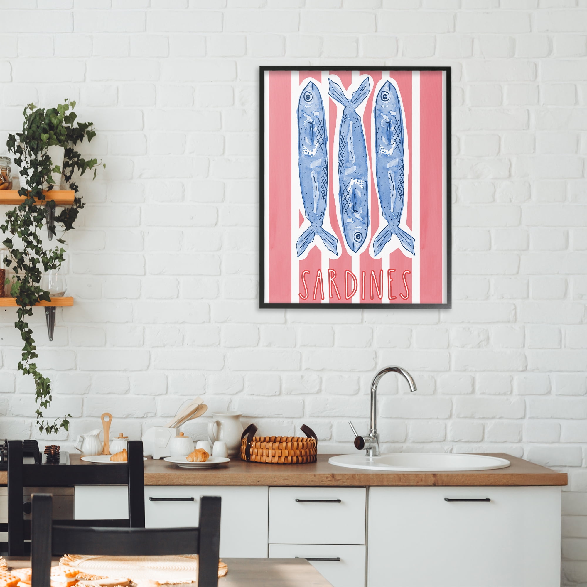 Stupell Industries Americana Sardines on Pink Stripes Black Framed Giclee Art, design by Nola James