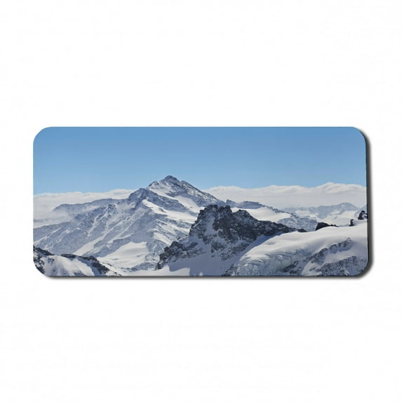 Winter Computer Mouse Pad, Snowy Rocky Mountain Peaks Tops Scene High Lands Icy Frozen Swiss Outdoor Art, Rectangle Non-Slip Rubber Mousepad X-Large, 35" x 15", Blue and White, by Ambesonne