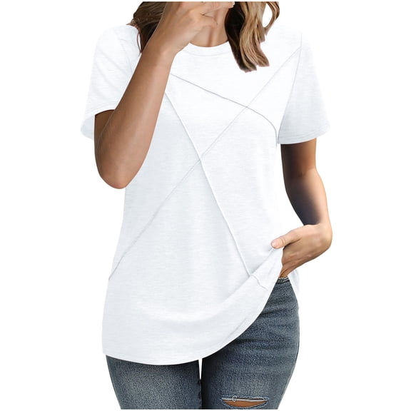 hotojiny Womens Summer Tops Pleated Round Neck Short Sleeve Shirts Soft Solid Color Business Work Casual Tee