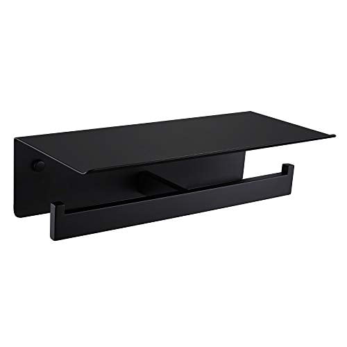 Double Toilet Paper Holder with Shelf Matte Black, APLusee SUS304 Stainless Steel Modern Bathroom Tissue Roll Holder Mobile Phone Storage Rack