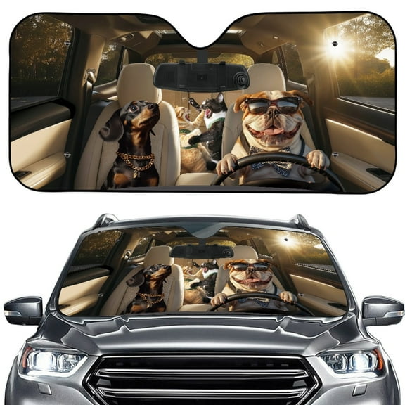 Xoenoiee Funny Dogs Cats Print Car Windshield Sun Shade, Foldable Car Sunshade Cover UV Block Car Front Window Heat Insulation Protection Auto Windshield Covers Universal Fit for Truck Sedan SUV
