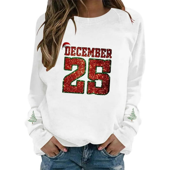 Fiaer Ladies Sweatshirts Christmas Sequin Letter Graphic Crew Neck Pullover Plus Size Long Sleeve Baggy Xmas Tops White XL
