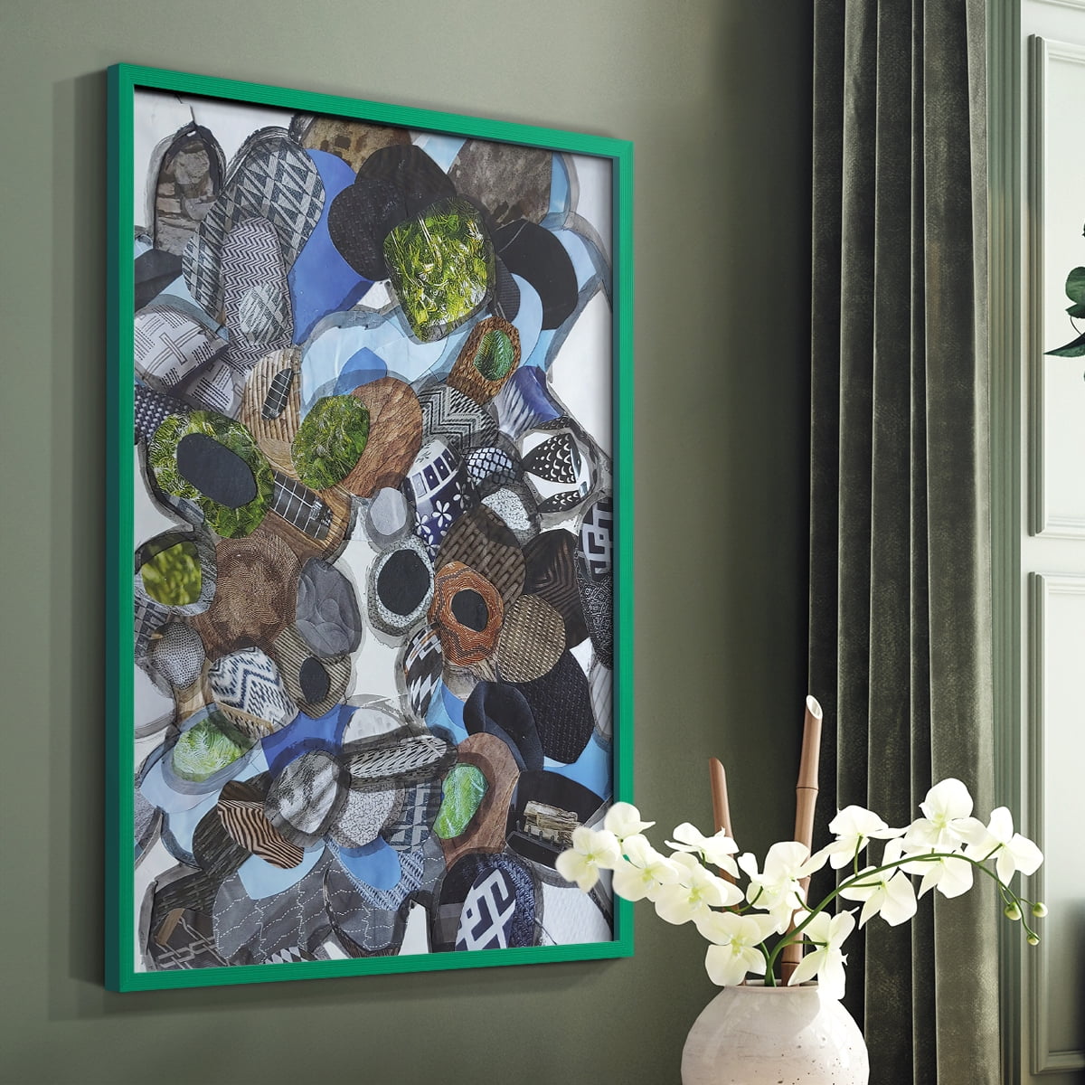 Catalina Island Blue Glass Framed Print in Green Solid Wood Framed Print No Nail Hanging