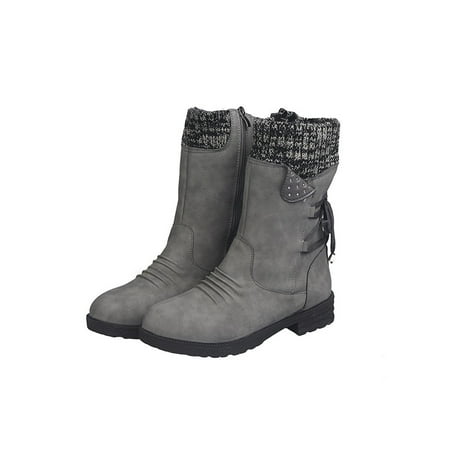 

Sanviglor Womens Boot Side Zipper Winter Shoes Lace Up Mid-Calf Boots Hiking Non-slip Retro Casual Low Heel Gray US 5