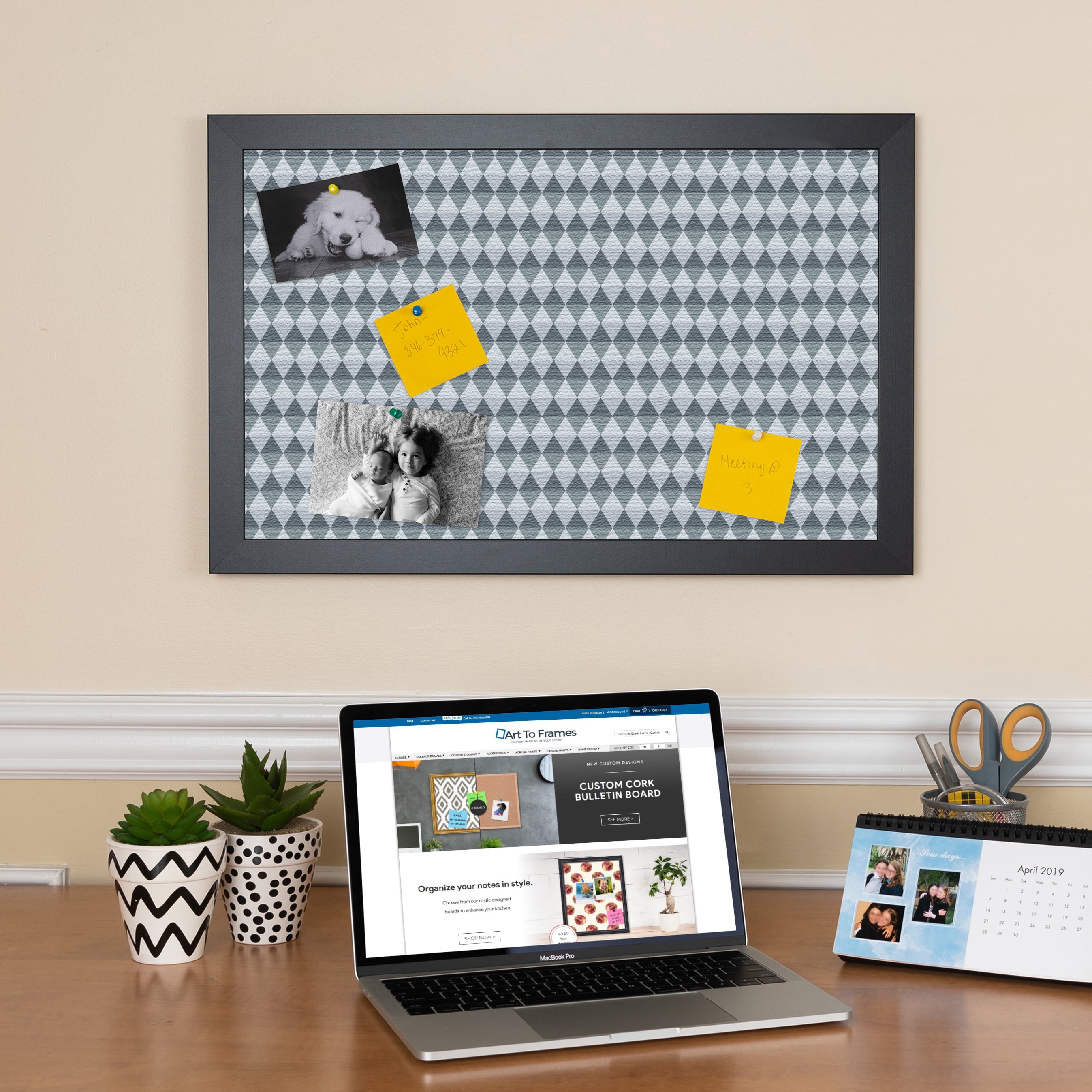 PinPix 22x18 Custom Cork Bulletin Board Grey - Blue Diamond Poster Board Has a Fabric Style Canvas Finish, Framed in Grey - Blue Diamond, by ArtToFrames (PinPix-227)