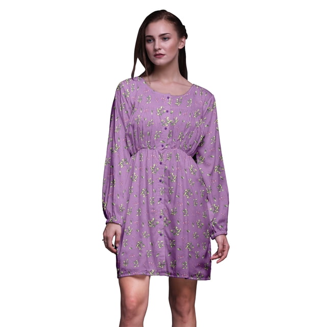 Bimba Robe Midi à Manches Longues pour Femmes, Coupe Décontractée, Imprimée Florale Lémurien Violet et Anémone, Boutonnée - XX-Grand