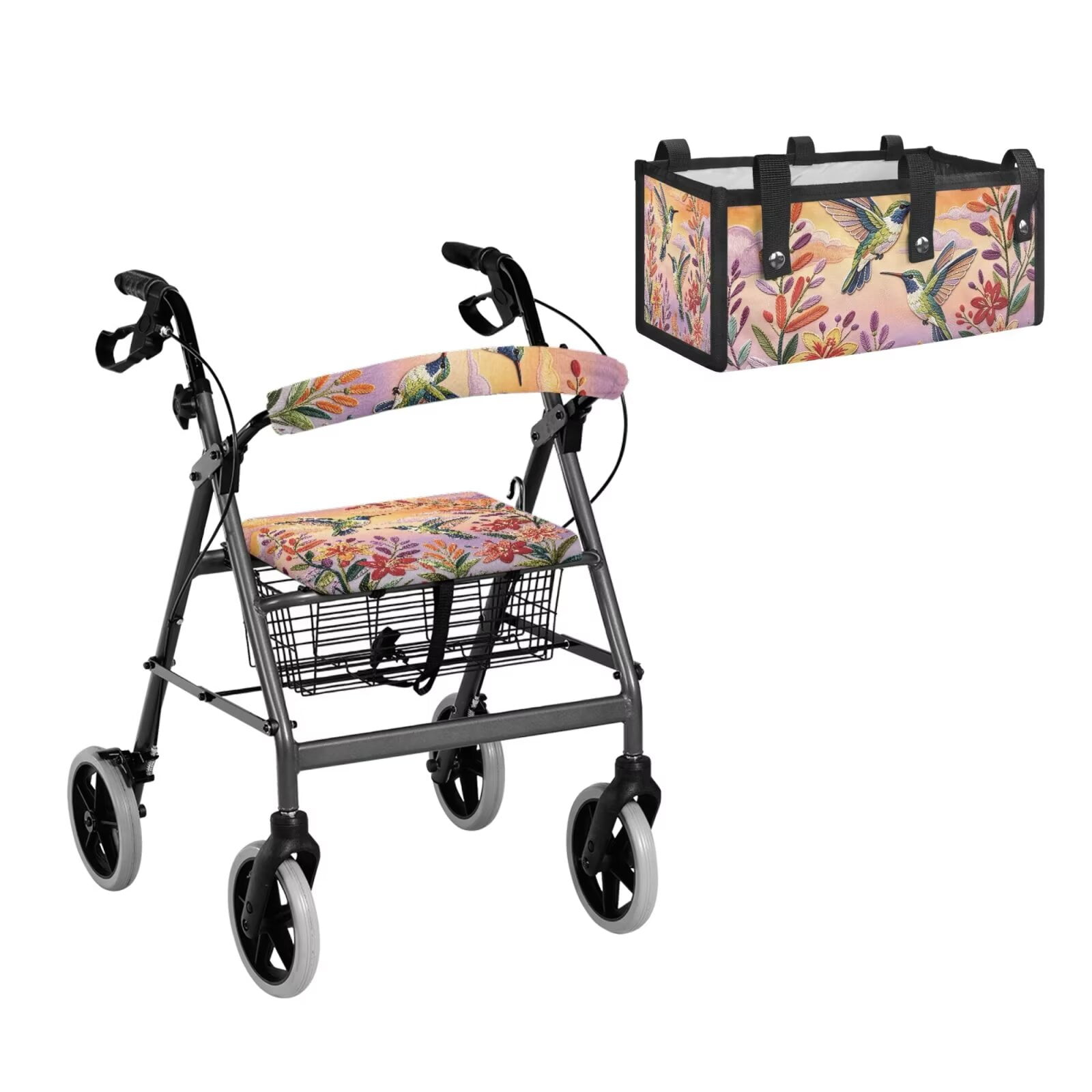 COEQINE Rollator Walker Seat and Backrest Covers with Storage Bag 3 Pieces Set, Universal Washable Rollator Walker Accessories Gifts for Seniors Ladies, Hummingbird Floral Sunset
