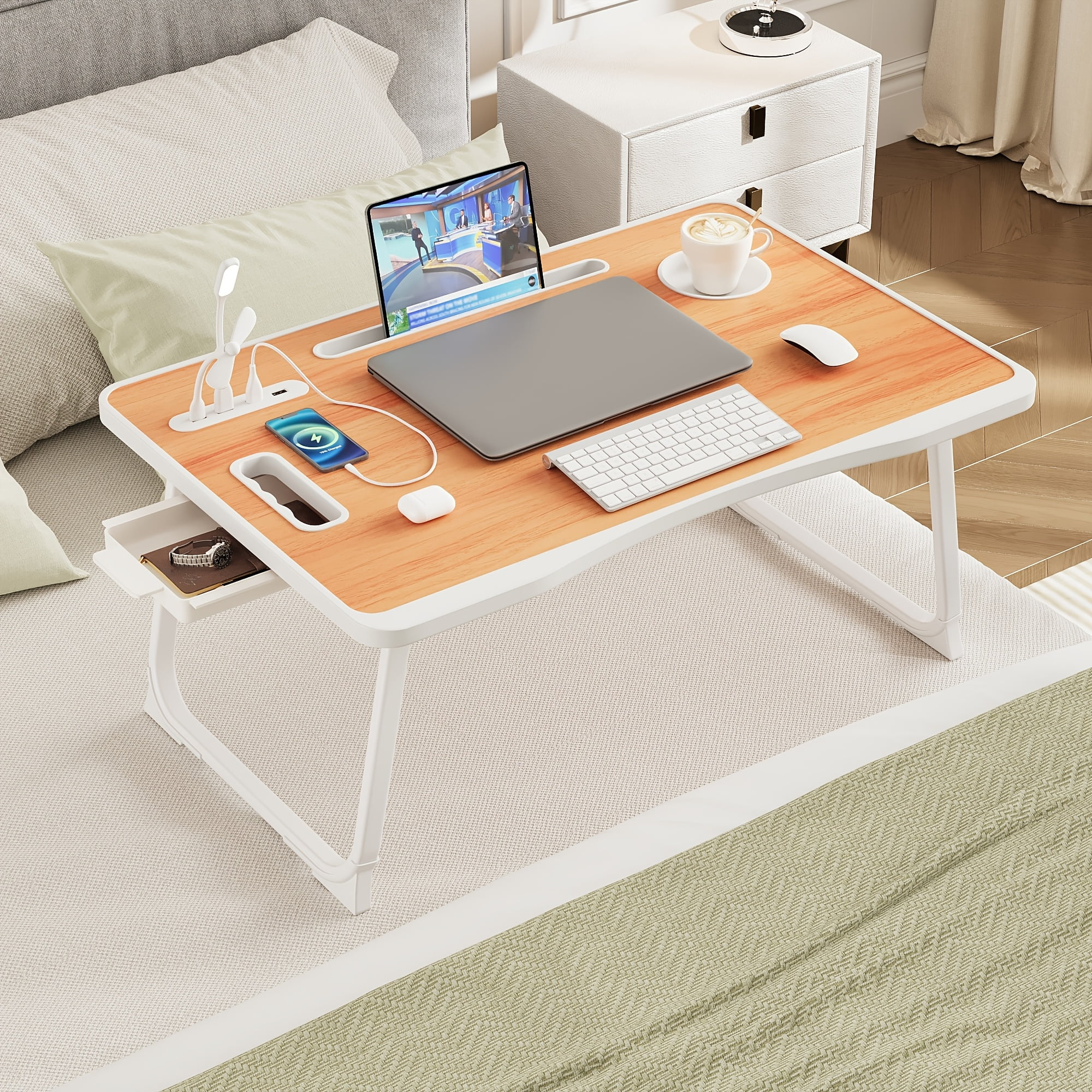 Foldable Portable Lap Desk with Cup Holder & Drawer - Adjustable Laptop Bed Tray for Sofa, Floor, Study, Breakfast, Multi Use Stand Table