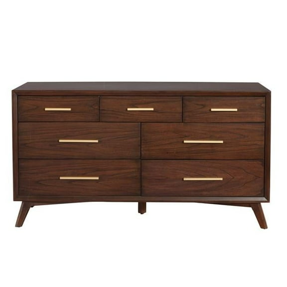 HomeRoots 524122 60 in. Walnut Solid Wood Seven Drawer Double Dresser