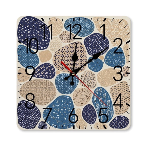 RKSupls 10×10inch Square Silent Wall Clock Wooden Frame, Abstract Patterned Pebbles Scale Decorative Clock for Home Bedroom Living Room Office