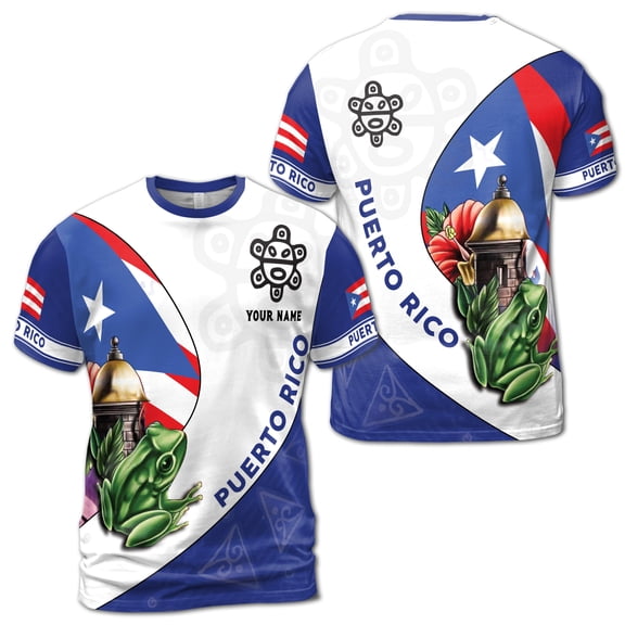 Custom Name Puerto Rico Flag with Green Frog Patriotic Unisex T-Shirt S-5XL