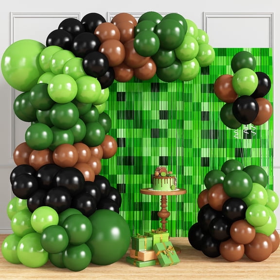 Pixel Green Balloon Garland Arch Kit Birthday Party Decorations, Green Brown and Black Gamer Balloons Gaming Foil Fringe Curtains Backdrop Video Game Birthday Party Decorations Favor Supplies C113