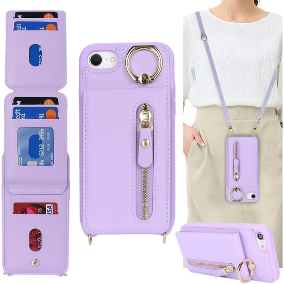 iPhone 7 8 SE (2020) Case with Card Holder for Women, iPhone 7 8 SE (2020) Phone Case Wallet with Strap Credit Card Slots Crossbody with Kickstand Zipper Case - Purple