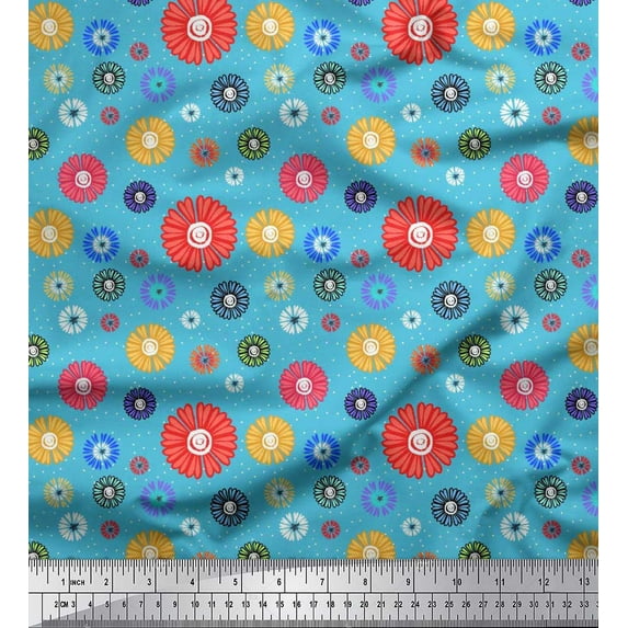 Soimoi Blue Cotton Duck Fabric Dots & Aster Floral Print Sewing Fabric Yard 56 Inch Wide