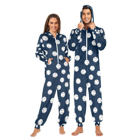 FORMRS Onesies Pajama for Adults Unisex Hoodie Winter Jumpsuit One Piece Sleepwear, Sizes S-2XL, Navy Blue Baseball Pattern