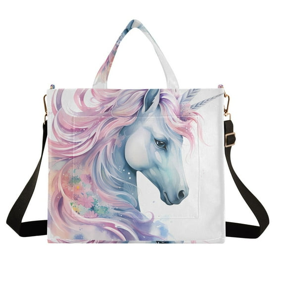 Unicorn Head Corduroy Tote Bag Handbag Large Messenger Bag Shoulder Crossbody Zipper Bag Purse