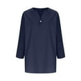 thumbnail image 5 of Women's T-Shirts Solid Color Cotton Linen 3/4 Sleeve Split V-Neck Button Tops Casual Loose T-Shirts, 5 of 7