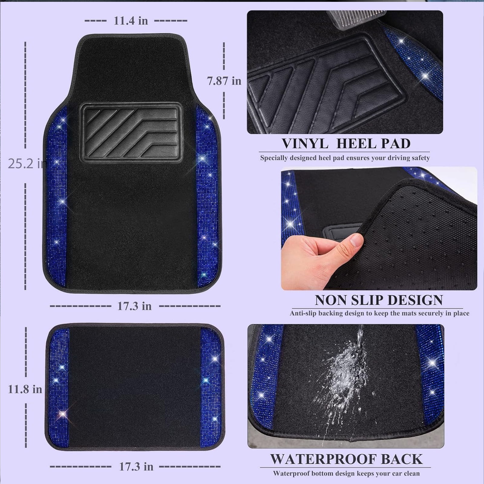 Car-Grand Bling Rhinestone Diamond car floor mats shining carpet sparkly glitter crytal with anti-slip heel waterproof universal fit cute girl women 4pcs Blue