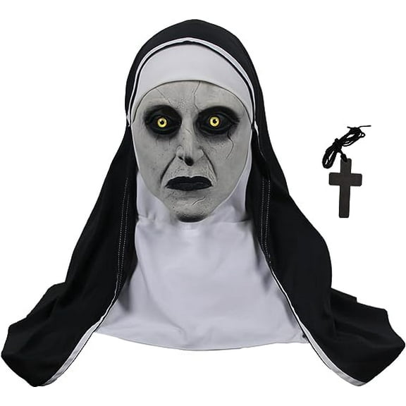 Nun Costume Mask Gray Black White with Cross Necklace for Cosplay Movie Premiere