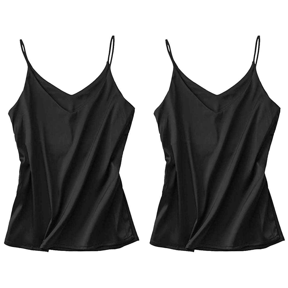(2 Pack)Black Basic Women's Satin Silk Tank Top Ladies VNeck Silky Loose Sleeveless Blouse Tank
