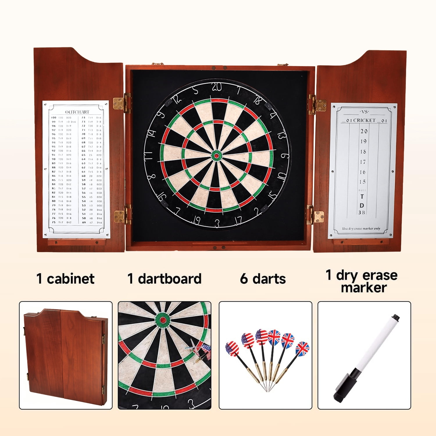 GSE Games & Sports Expert Solid Wood Dartboard Cabinet Set with Sisal Fiber Dartboard, Dart Scoreboard and 6 Steel Tip Darts for Target Game Indoor Game (Mahogany)